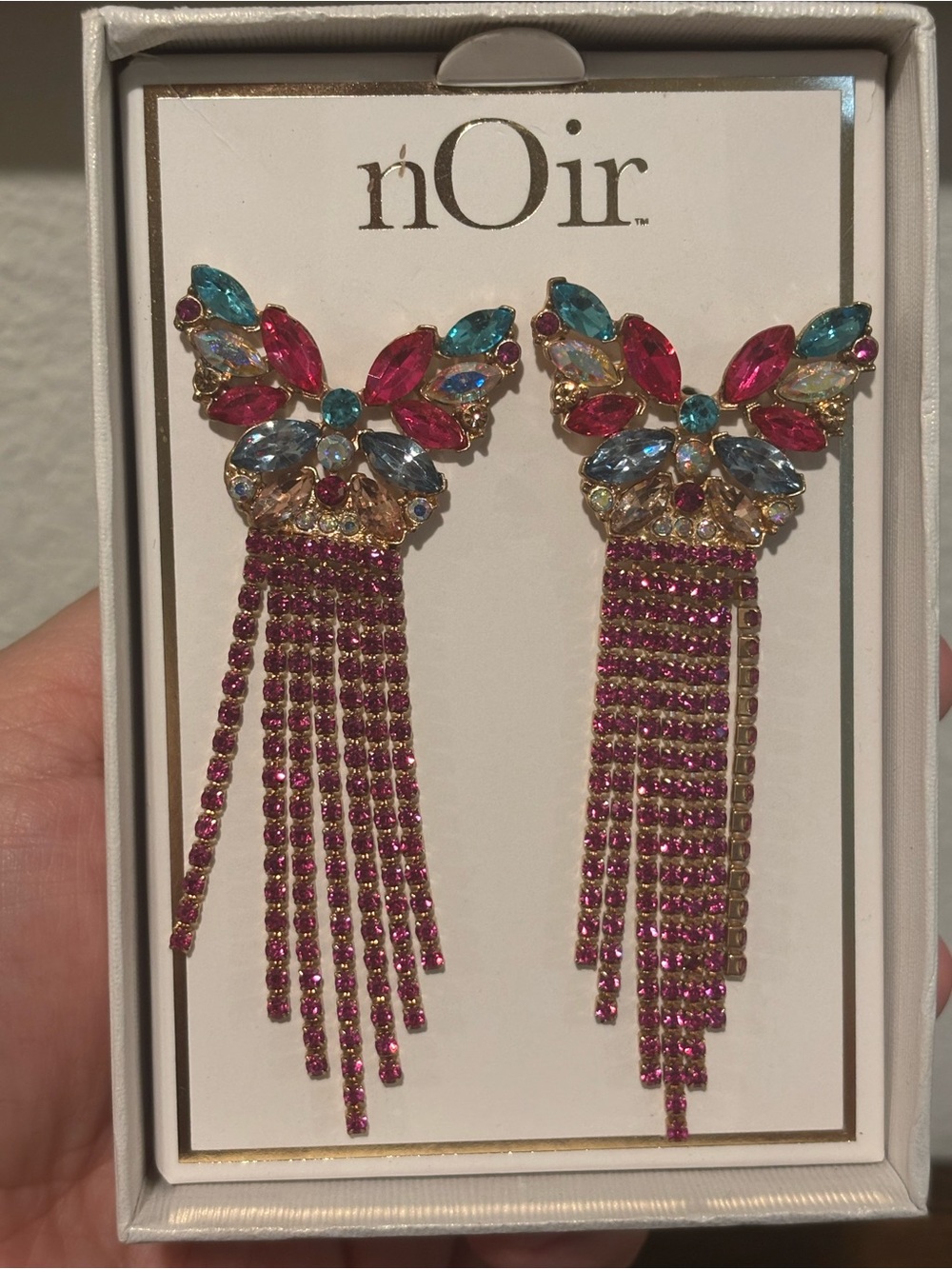 nOir Jewelry Pink Tassel Drop Earrings with Multicolor Stones - Picture 3 of 3